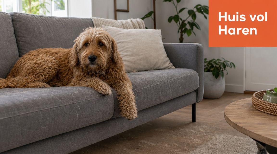 Een pluizige goudkleurige hond ligt op een grijze bank die bedekt is met veel losse hondenharen.