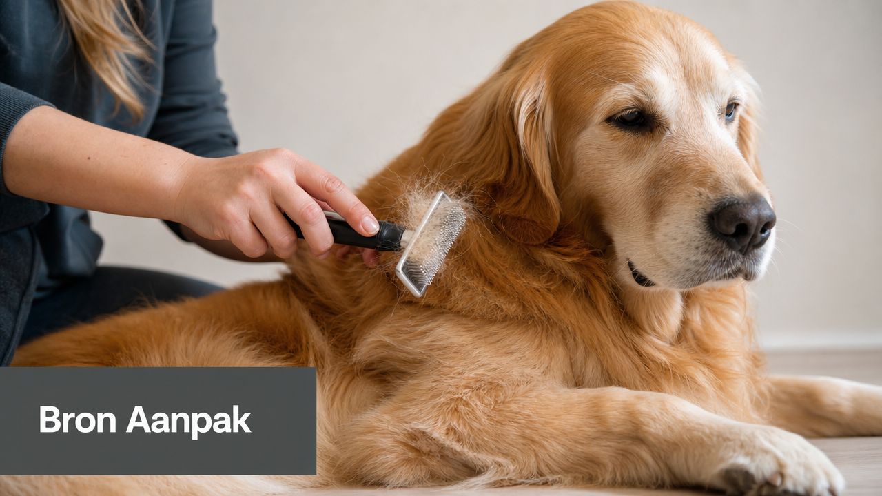 Een persoon borstelt de vacht van een gouden retriever hond om losse haren en klitten te verwijderen.