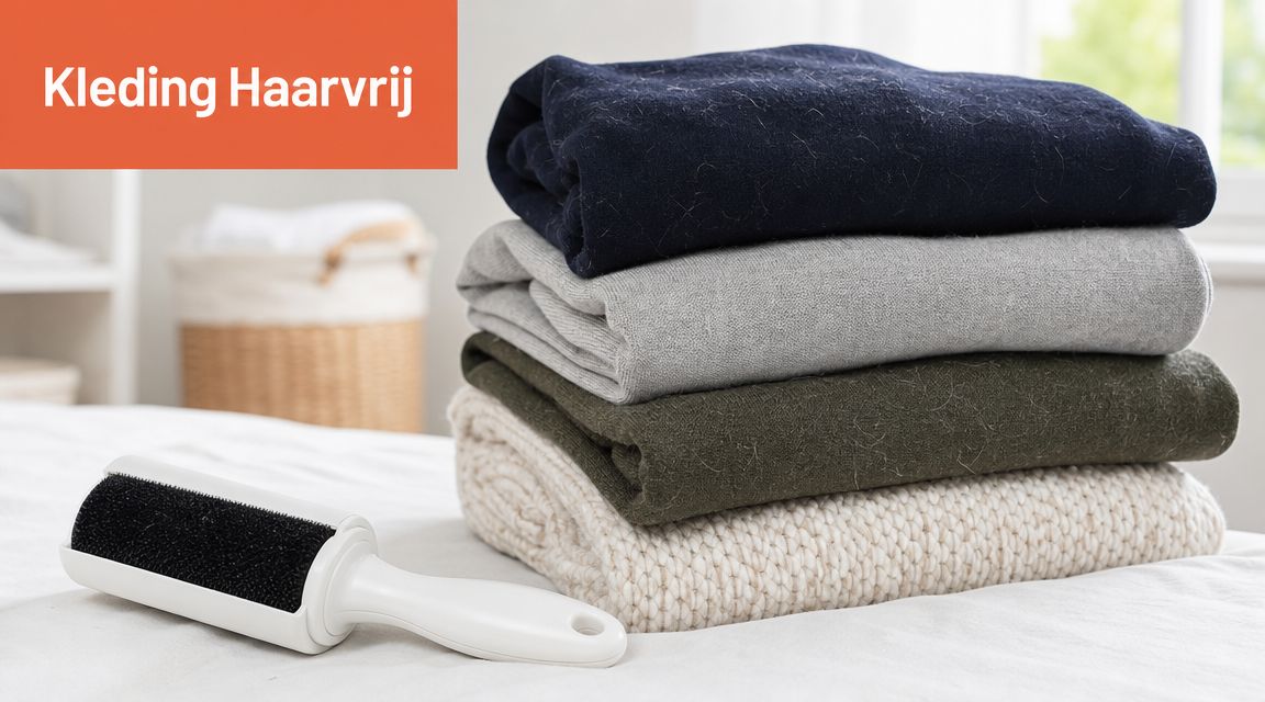 Een pluizenroller ligt op een bed naast een stapel kleding vol met zichtbare huisdierharen.