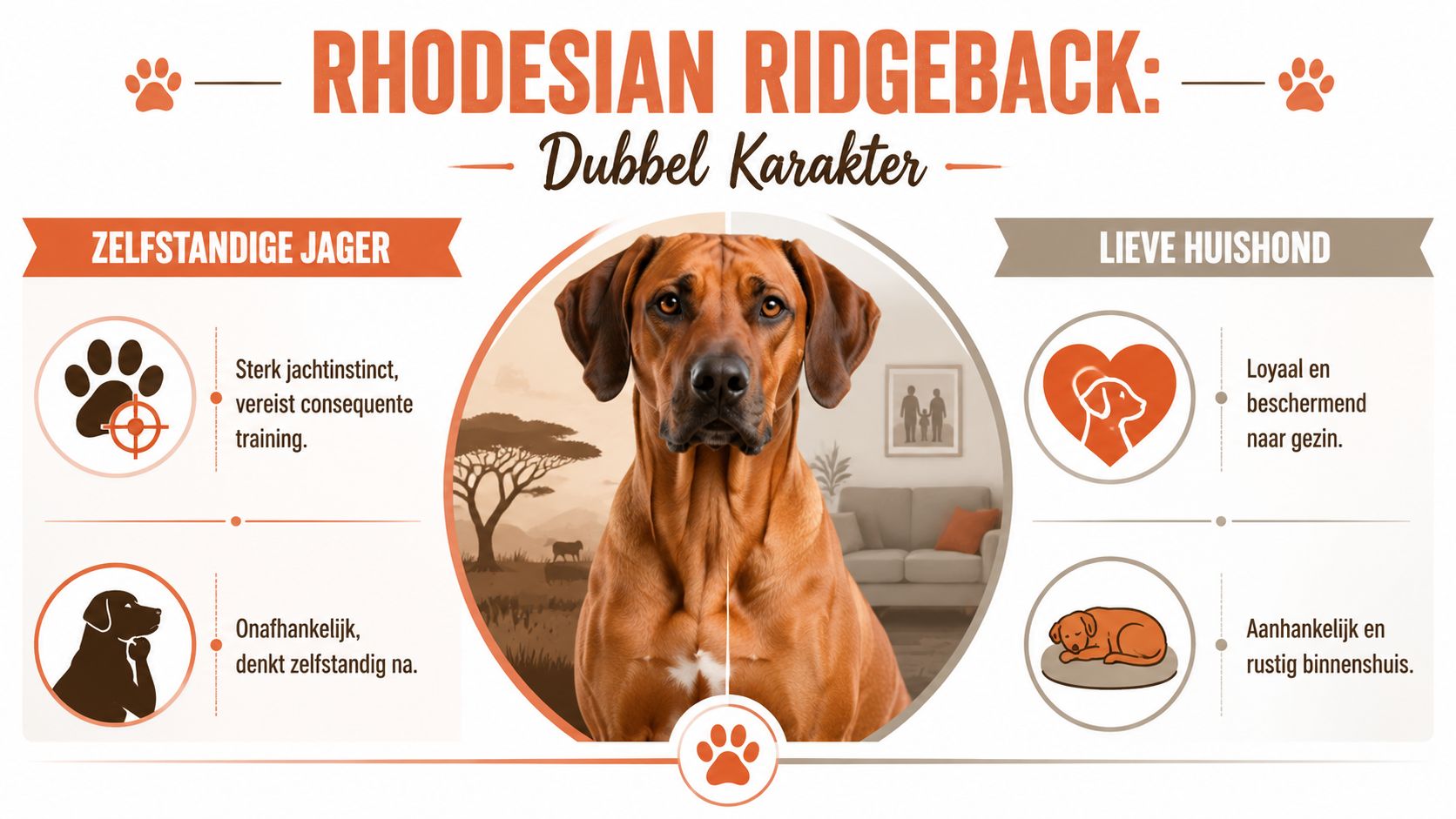 Een informatieve infographic over het dubbele karakter van de Rhodesian Ridgeback als jager en huishond.