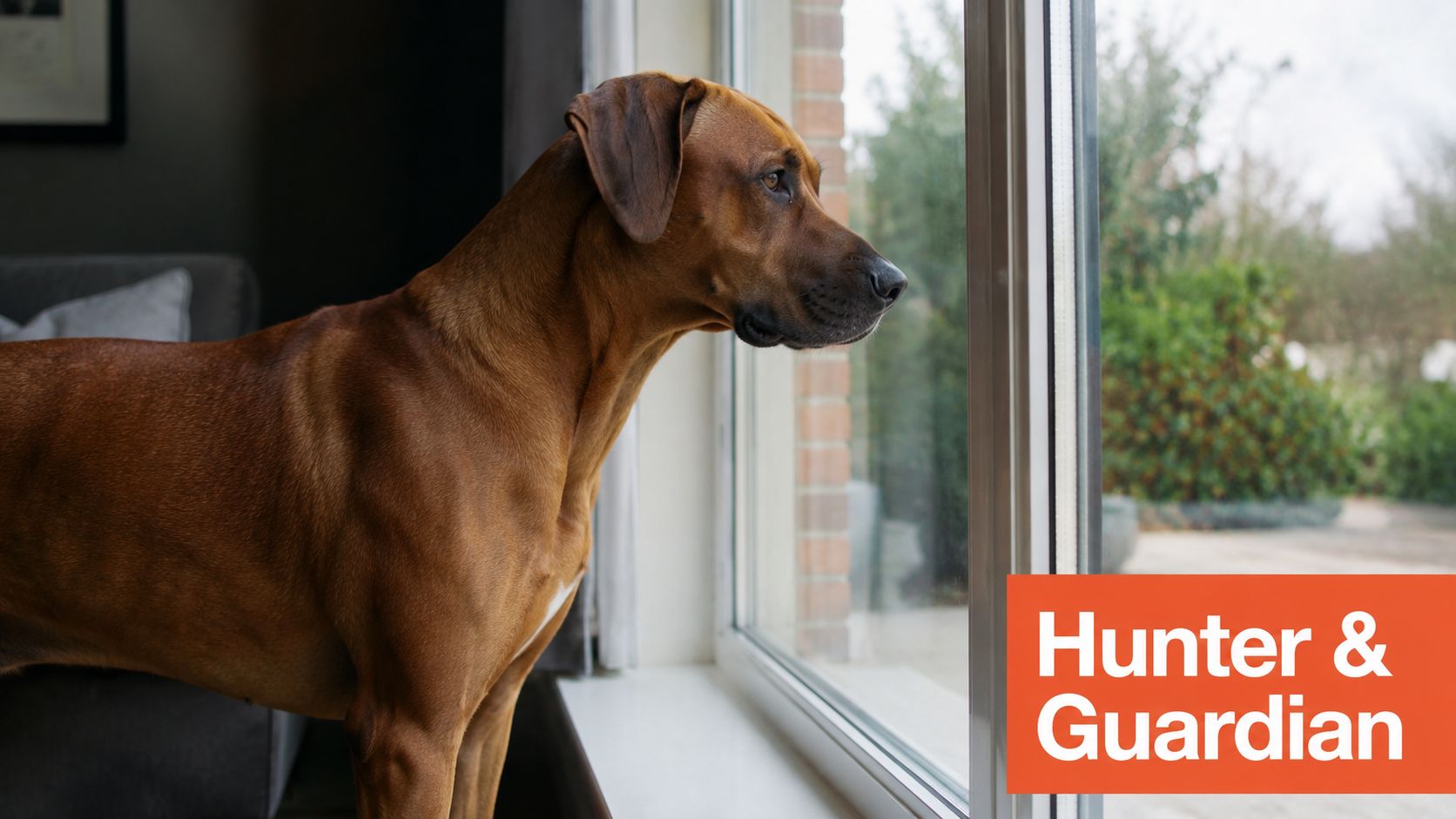 Een oplettende Rhodesian Ridgeback hond kijkt aandachtig uit het raam naar buiten in een huiselijke omgeving.