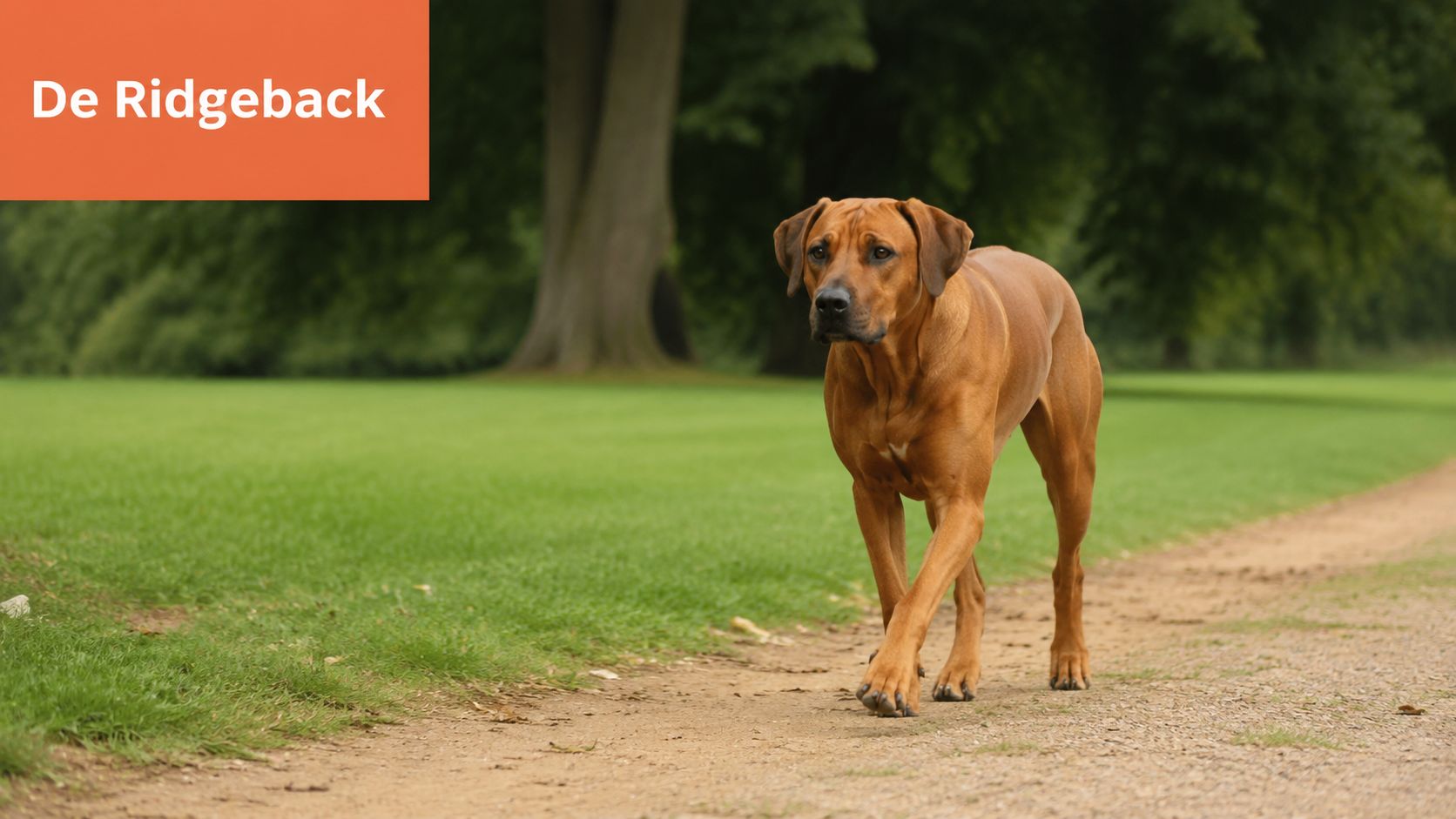 Een volwassen Rhodesian Ridgeback hond loopt over een zandpad in een groen park met bomen op de achtergrond.