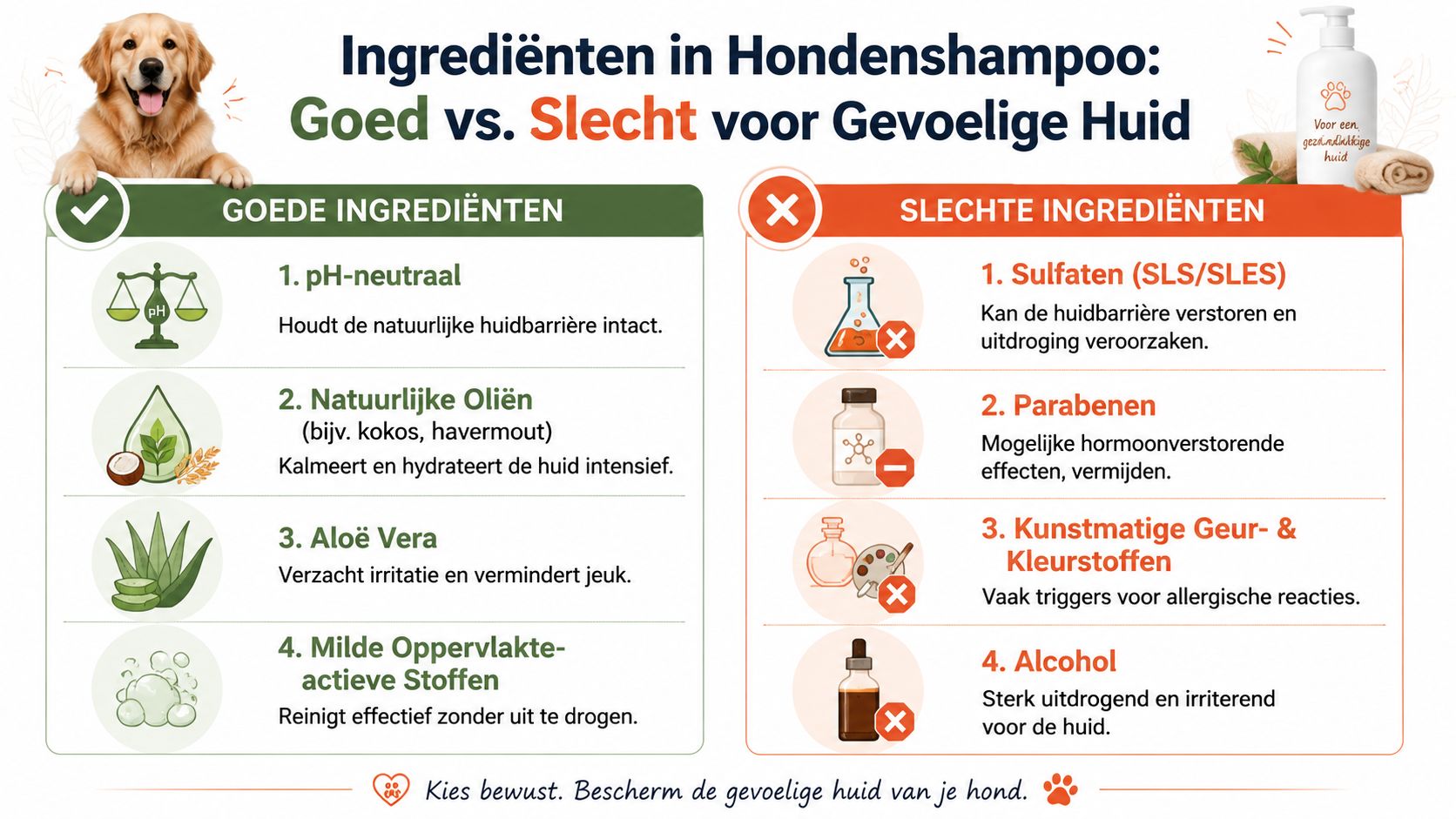 Een informatieve infographic over goede en slechte ingrediënten in hondenshampoo voor een hond met een gevoelige huid.