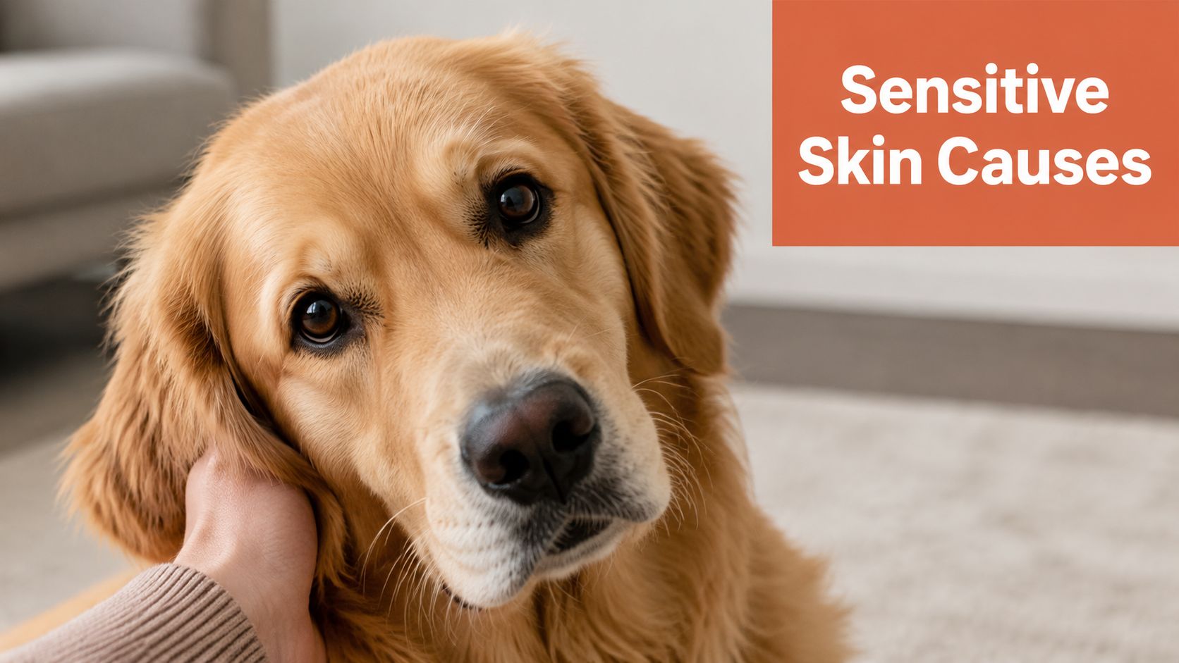 Een gouden retriever die liefdevol geaaid wordt, als illustratie bij informatie over oorzaken van een gevoelige huid.