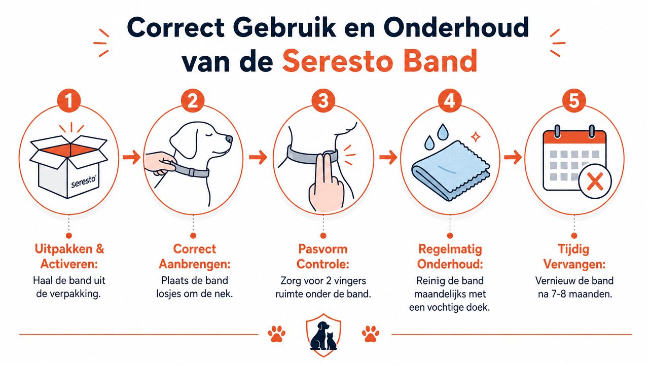 Stappenplan voor het correct aanbrengen en onderhouden van een Seresto vlooienband bij uw hond.