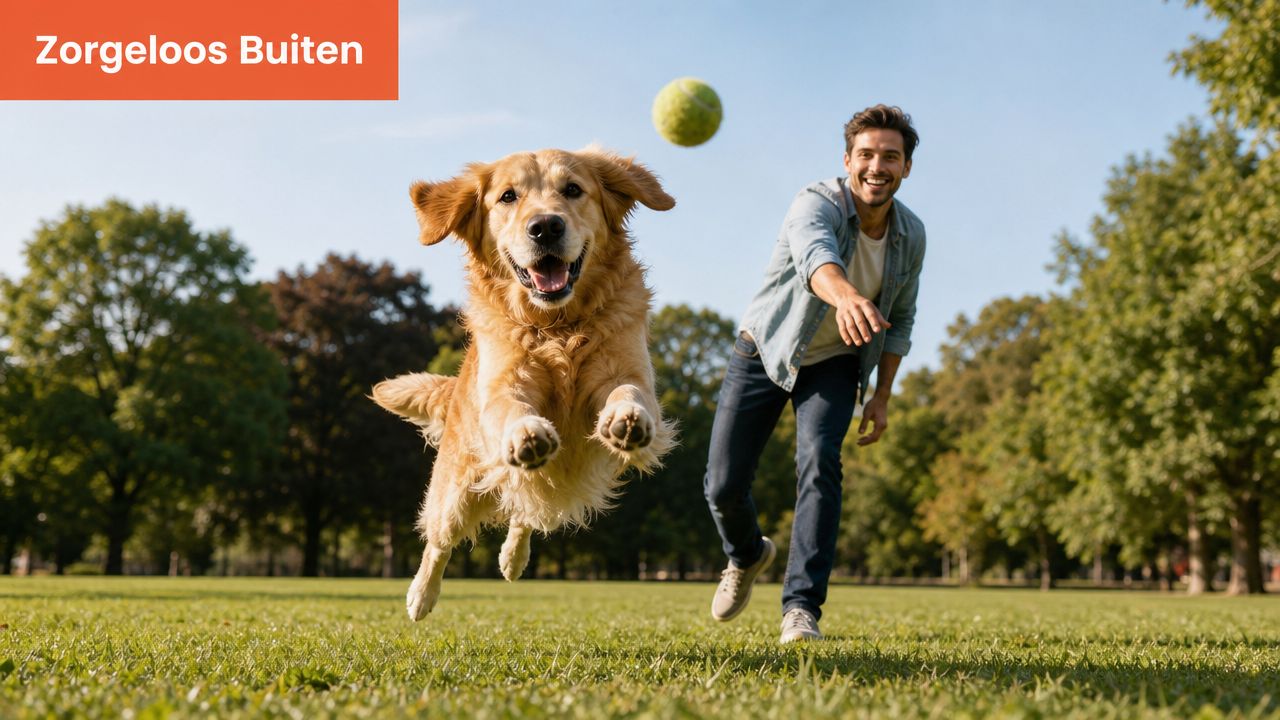 Een vrolijke man speelt met zijn enthousiaste golden retriever in een zonnig en groen park.