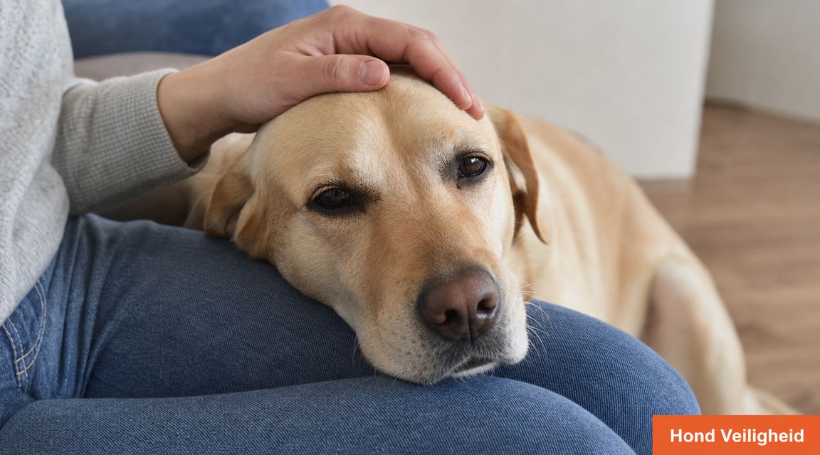 Een rustige Labrador die zijn kop op de schoot van zijn eigenaar legt voor troost en veiligheid.