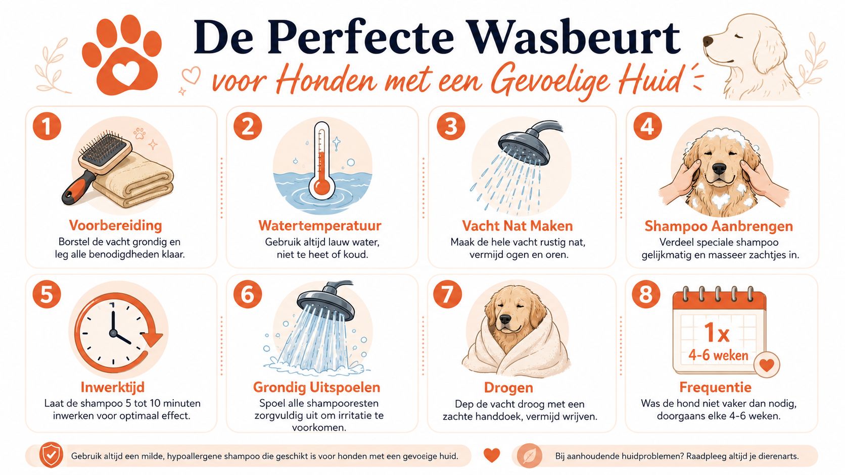 Een stappenplan voor het wassen van een hond met een gevoelige huid met behulp van milde shampoo.