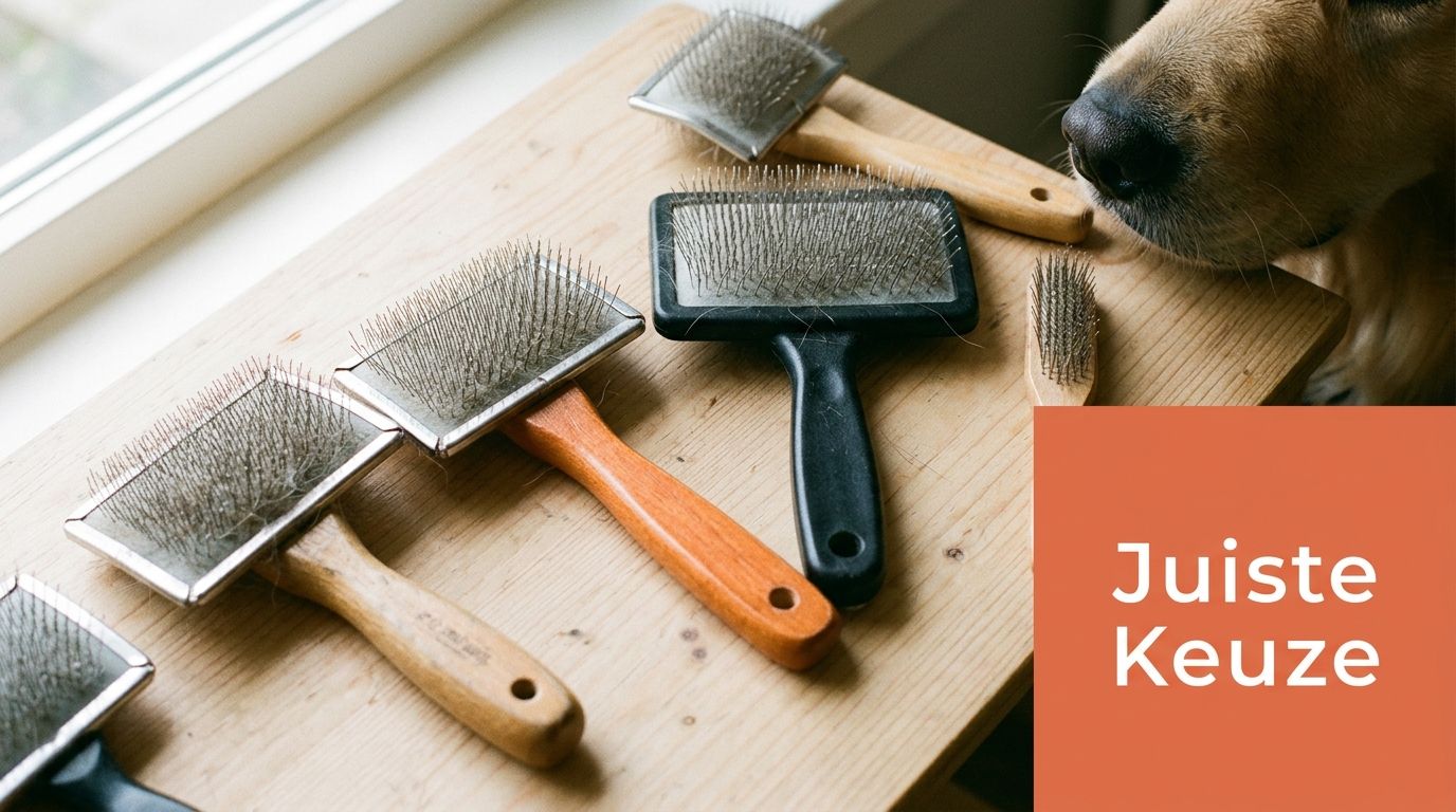 Verschillende slickerborstels voor honden op een houten tafel bij de snuit van een hond.