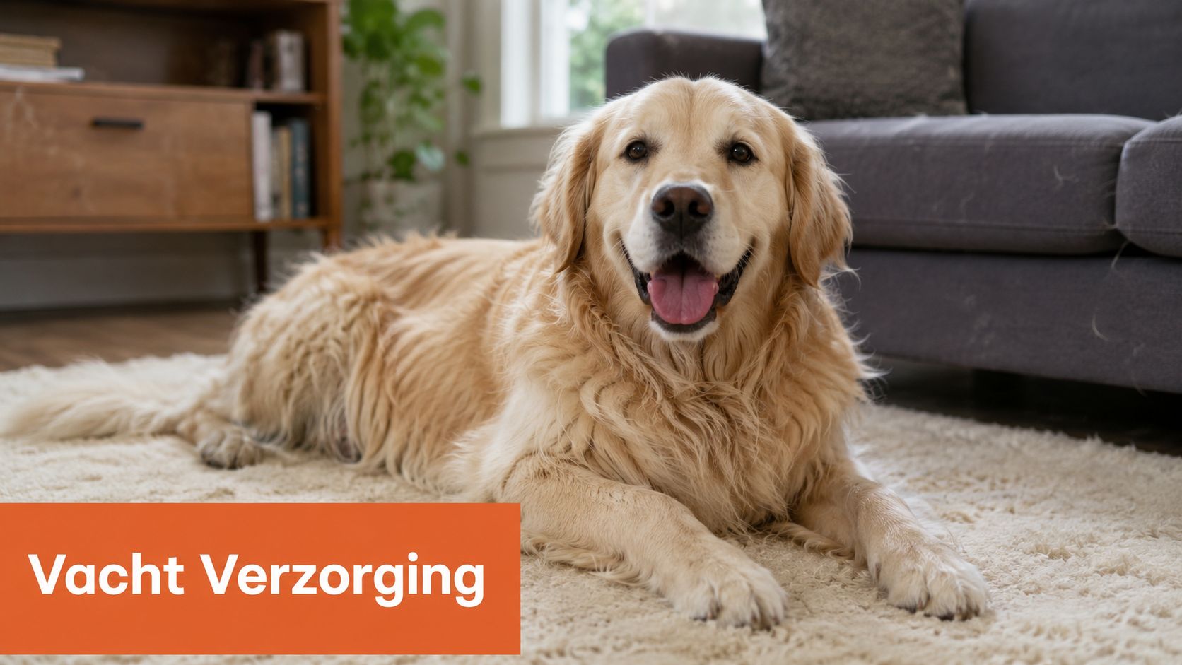 Een vrolijke Golden Retriever ligt ontspannen op een lichtgekleurd tapijt in een gezellige woonkamer.