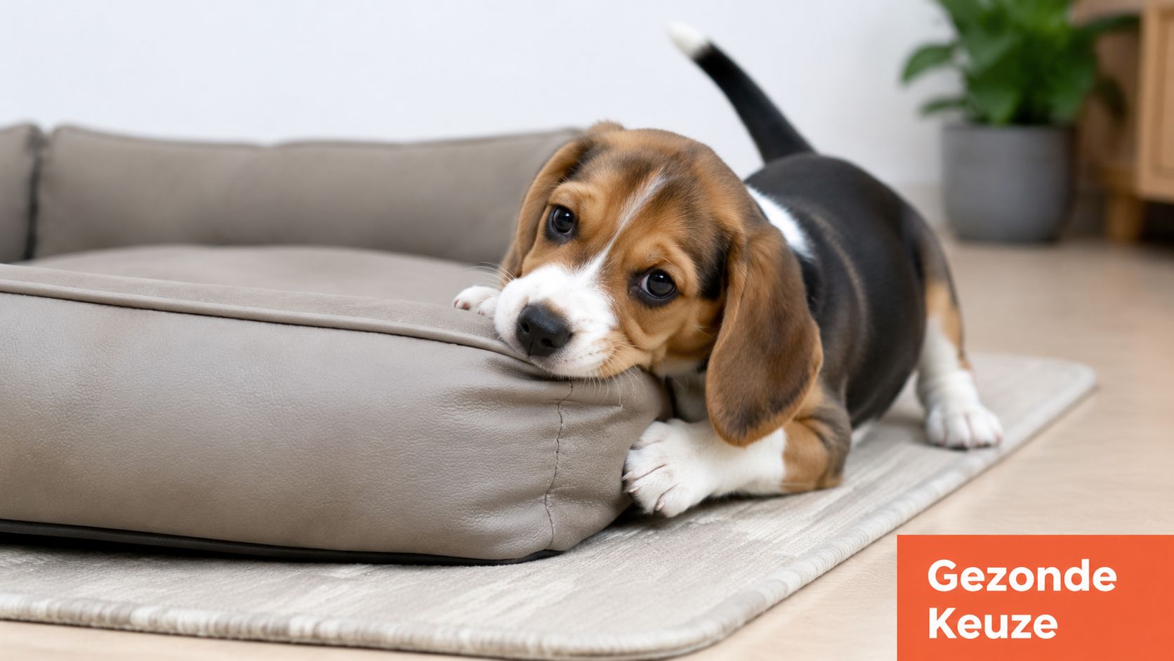 Een schattige beagle pup die speels in een luxe grijze hondenmand bijt op een kleed in huis.