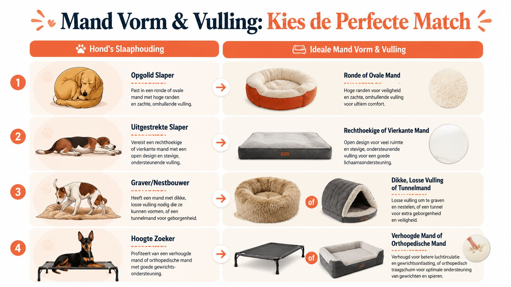 Een infographic die de ideale hondenmand vorm en vulling adviseert op basis van de slaaphouding van de hond.
