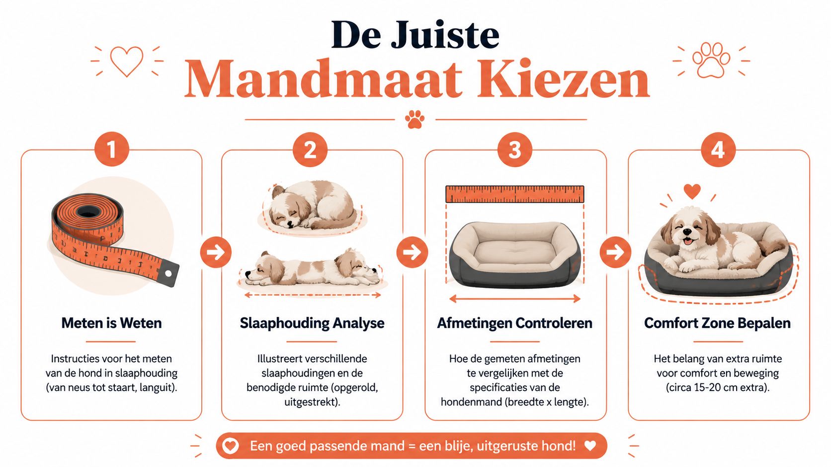 Een stappenplan infographic in het Nederlands voor het bepalen van de juiste hondenmand maat voor een hond.