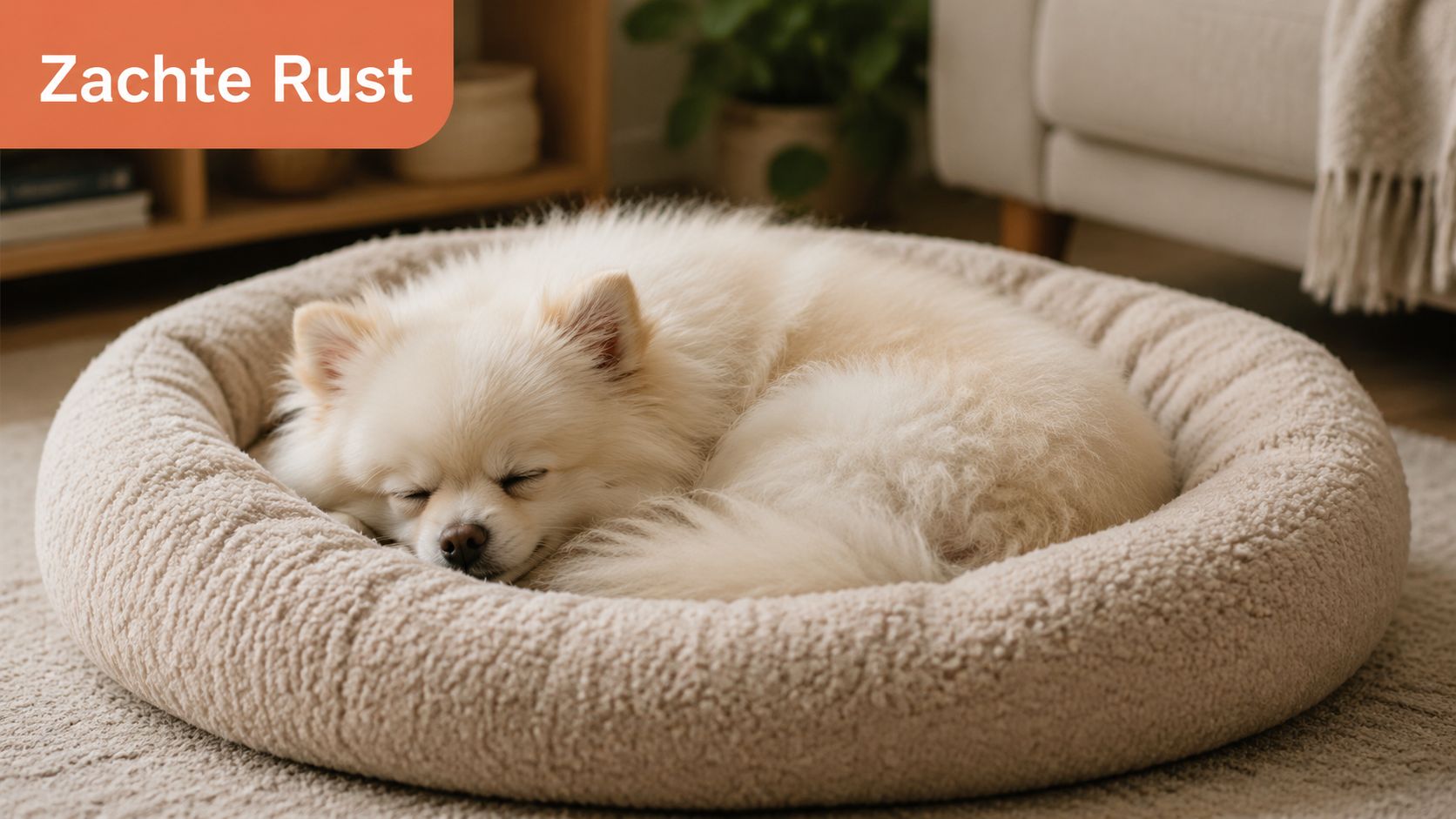 Een pluizige witte kleine hond slaapt vredig op een comfortabele, beige ronde hondenmand in de woonkamer.