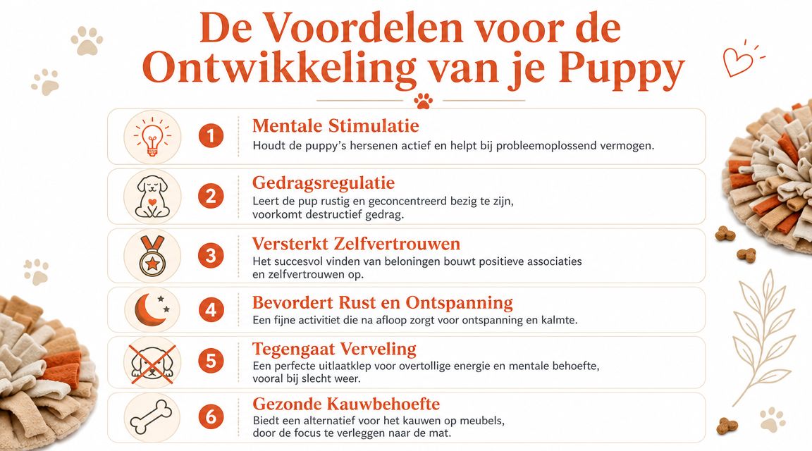 Een overzicht van de voordelen van een snuffelmat voor de ontwikkeling van je puppy in zes punten.