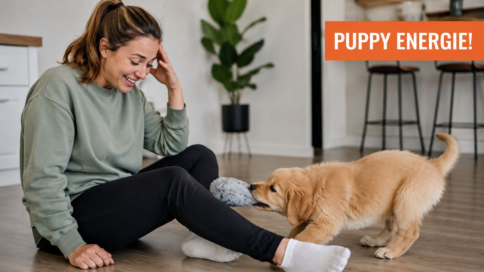 Een lachende jonge vrouw zit op de grond en speelt met haar speelse golden retriever puppy.