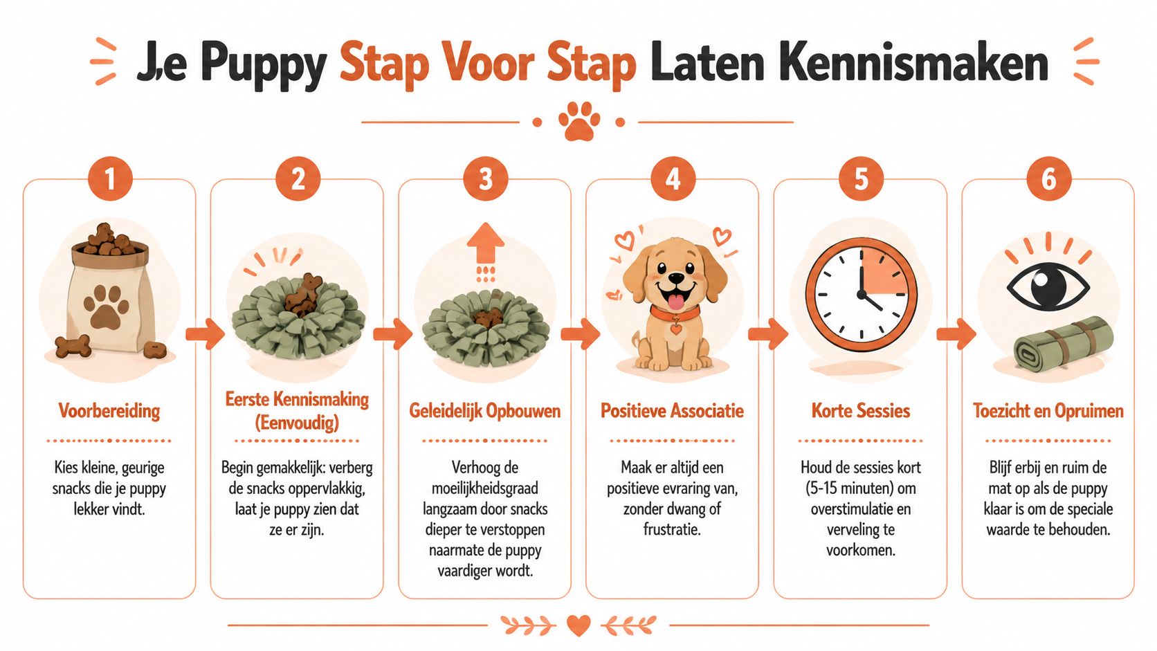 Een stappenplan infographic in het Nederlands over hoe je een puppy kennis laat maken met een snuffelmat.