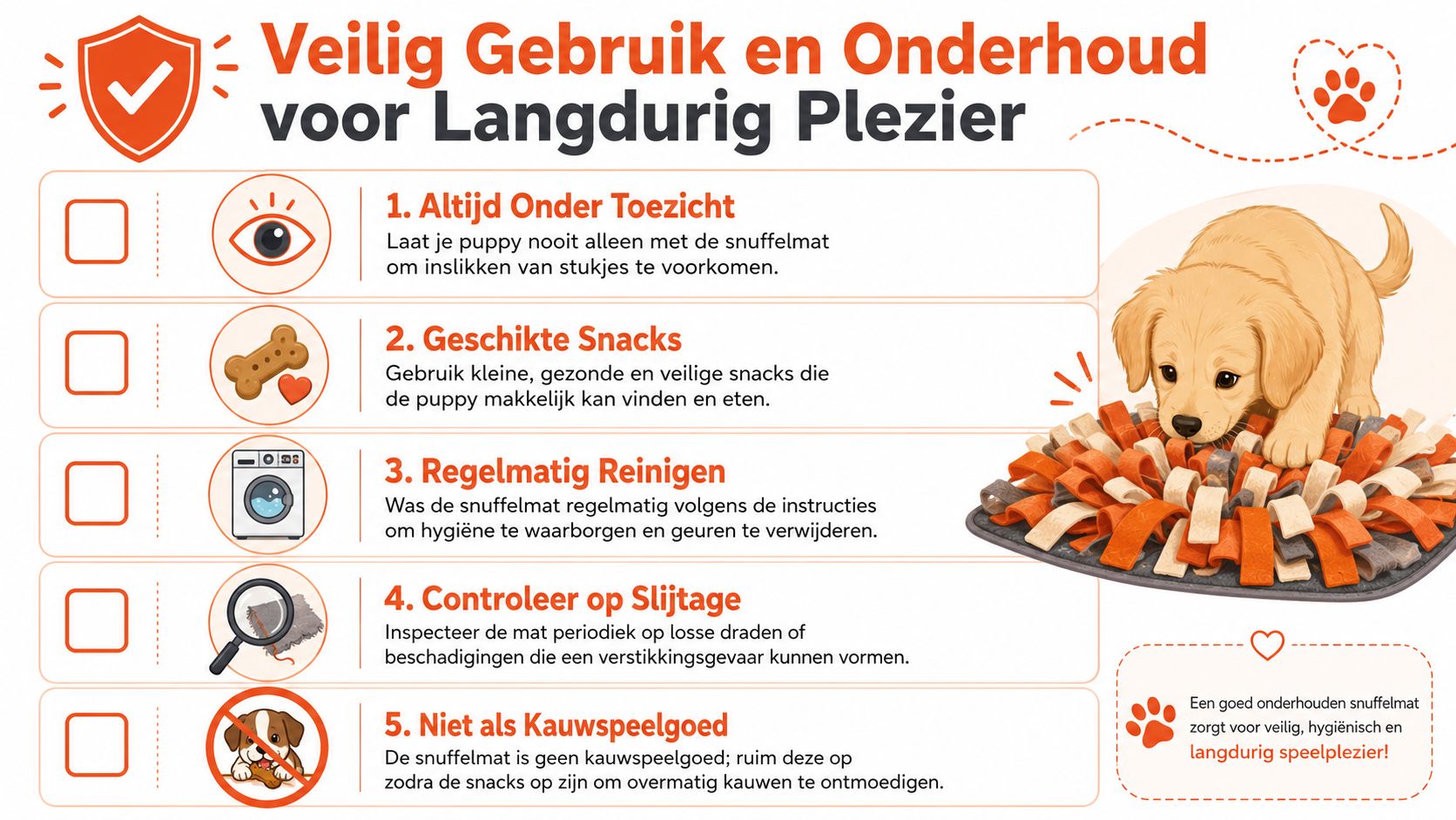 Een informatieve afbeelding met vijf tips voor veilig gebruik en onderhoud van een snuffelmat voor puppy's.