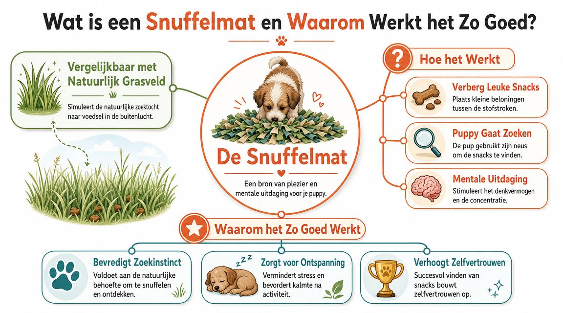 Een informatieve infographic over de voordelen en werking van een snuffelmat voor het stimuleren van je puppy.