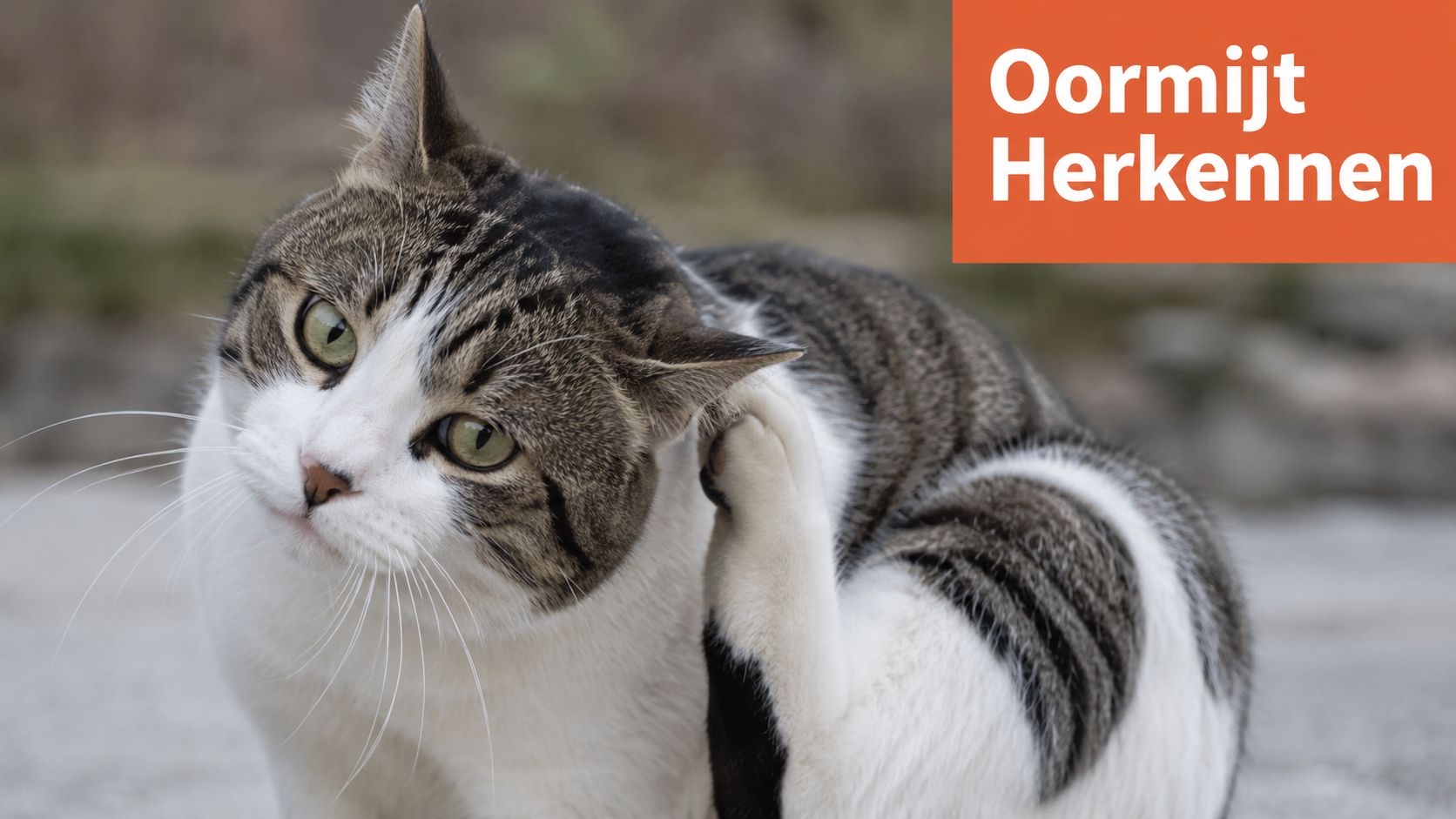 Een grijze en witte kat krabt achter zijn oor vanwege mogelijk last van oormijt bij de kat.