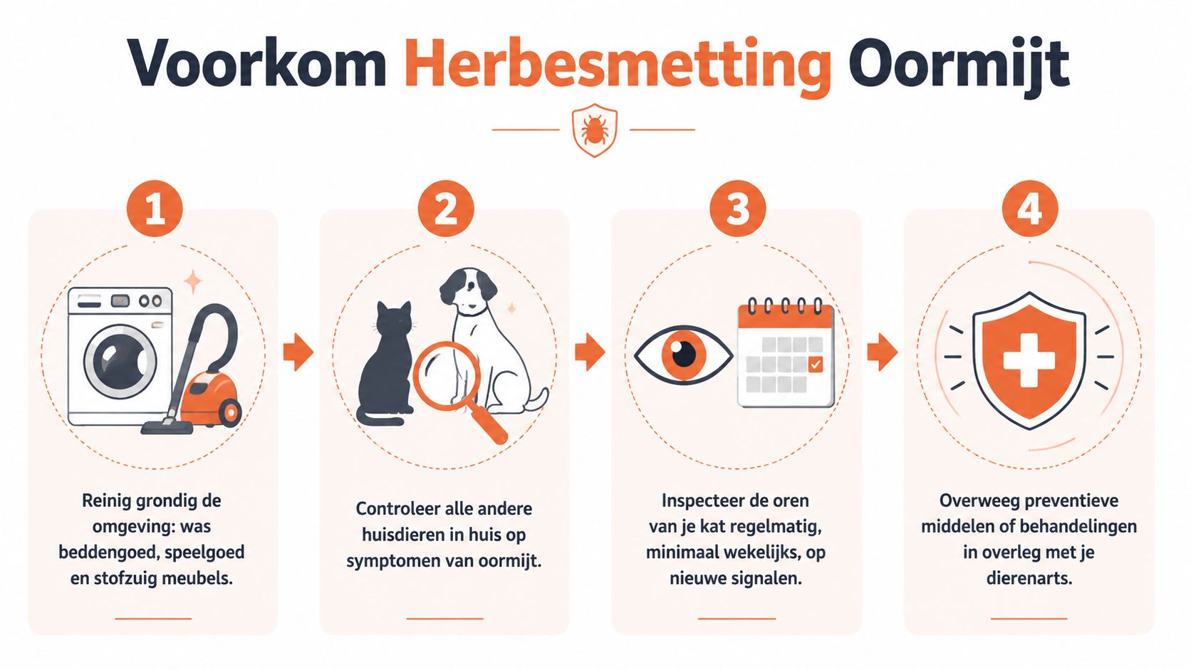 Een informatieve infographic in het Nederlands die vier stappen uitlegt om herbesmetting met oormijt bij huisdieren te voorkomen.