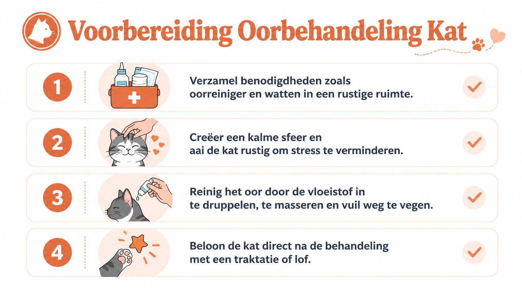 Stappenplan voor het veilig en stressvrij toedienen van oorbehandeling bij een kat in vier stappen.