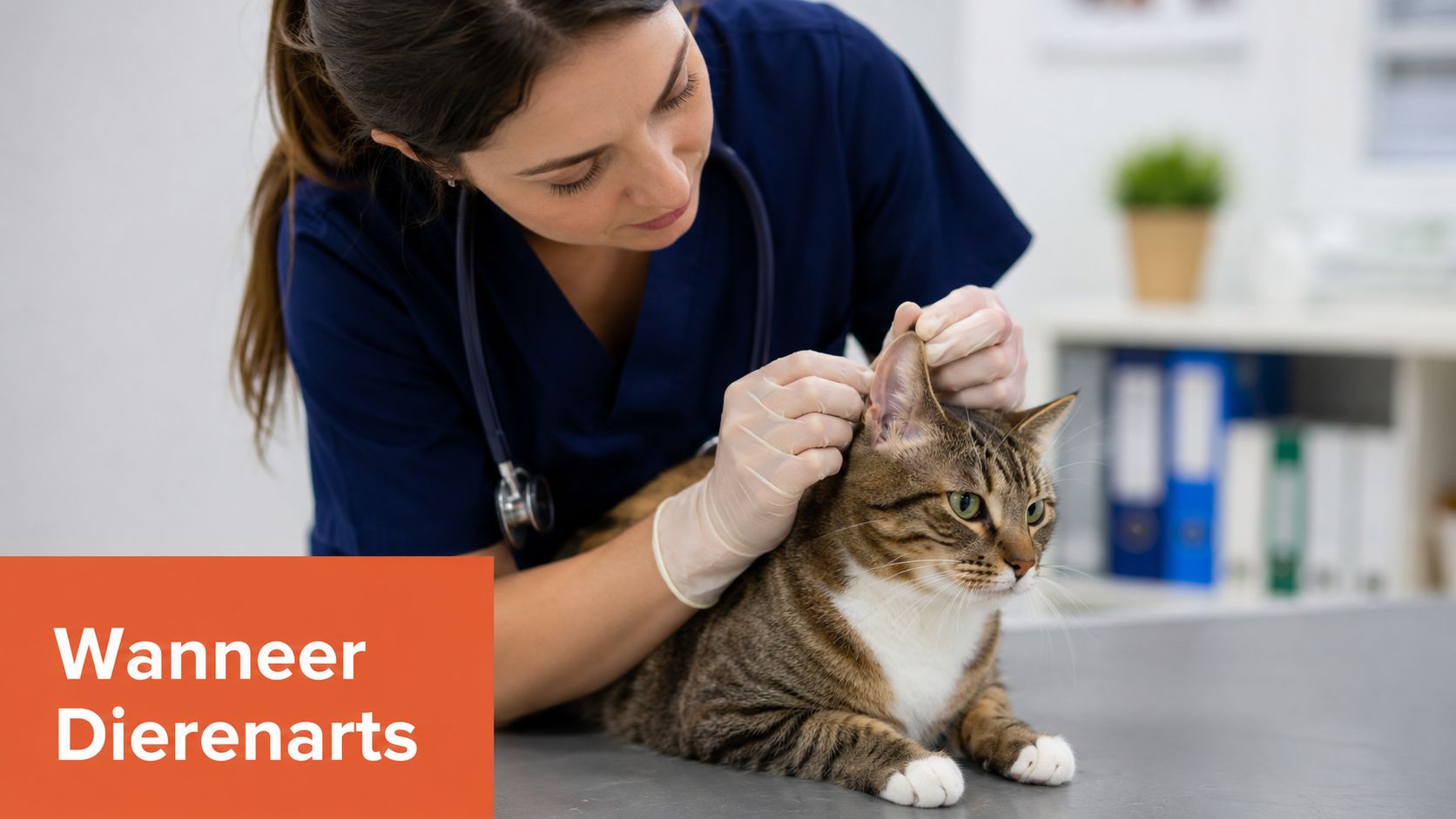 Een vrouwelijke dierenarts onderzoekt aandachtig de oren van een kat tijdens een routinecontrole in de praktijk.