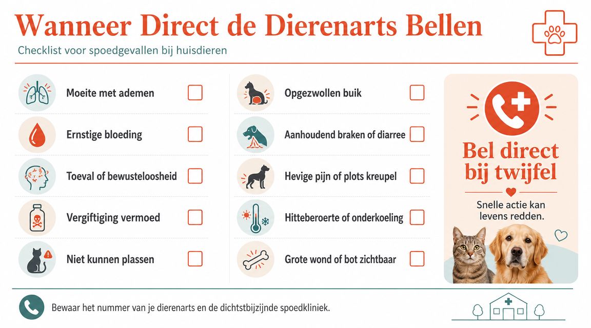 Checklist met symptomen van huisdieren waarbij direct contact met een dierenarts noodzakelijk is voor medische spoedhulp.