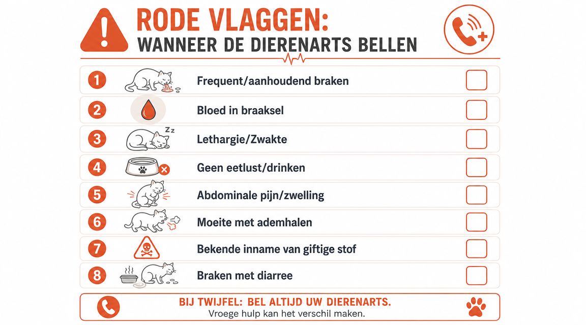 Een informatieve grafiek met acht rode vlaggen die aangeven wanneer je de dierenarts voor je kat moet bellen.
