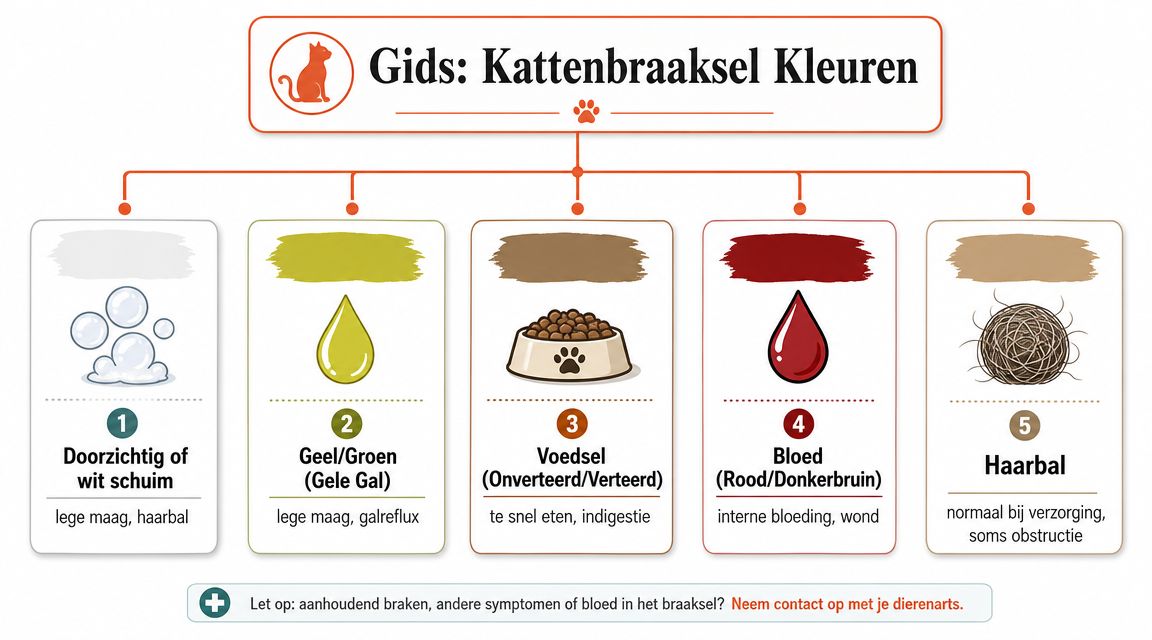 Een informatieve infografiek over de betekenis van verschillende kleuren en substanties in het braaksel van katten.