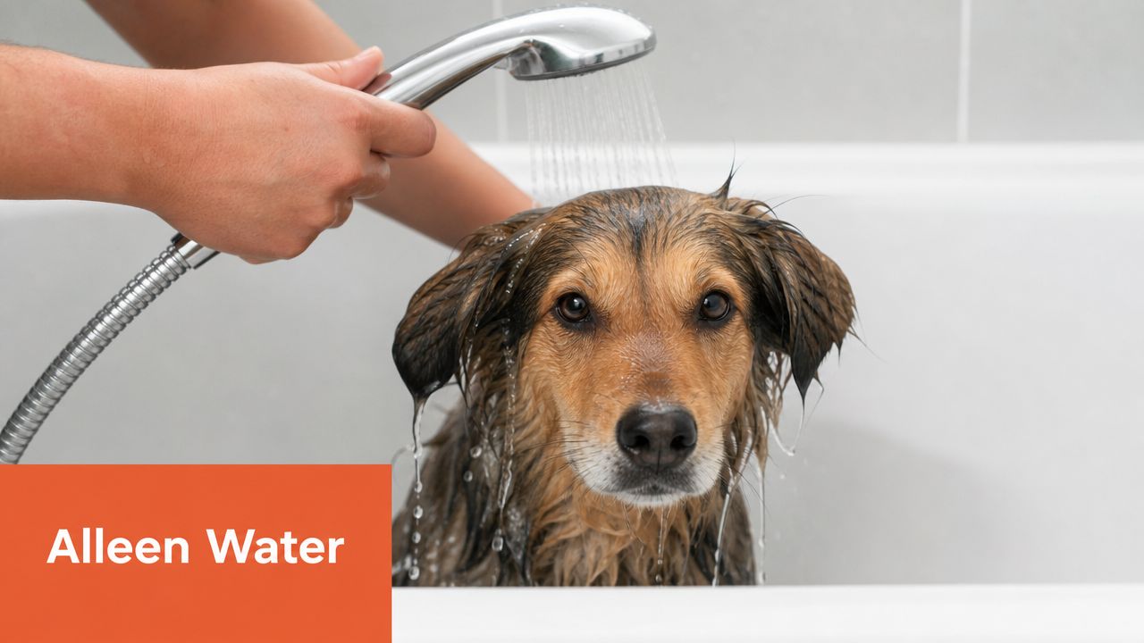 Een persoon wast een natte hond in een bad met alleen schoon stromend water.