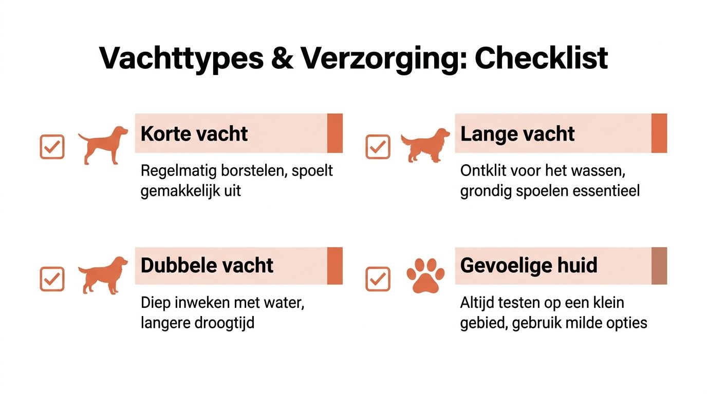 Een checklist voor de verzorging van verschillende vachttypes van honden, inclusief tips voor het wassen van je hond.