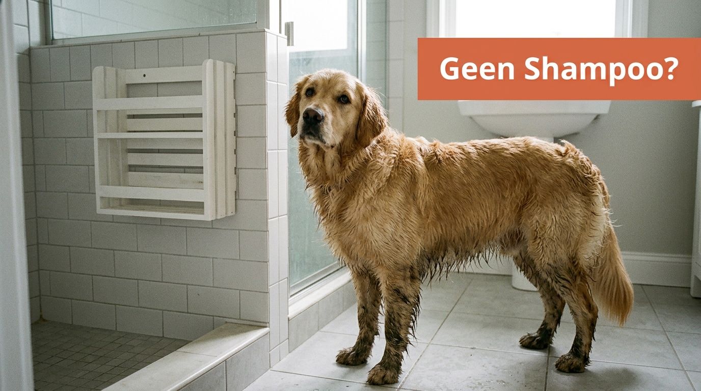 Een modderige golden retriever staat in een badkamer en wacht om gewassen te worden zonder shampoo.