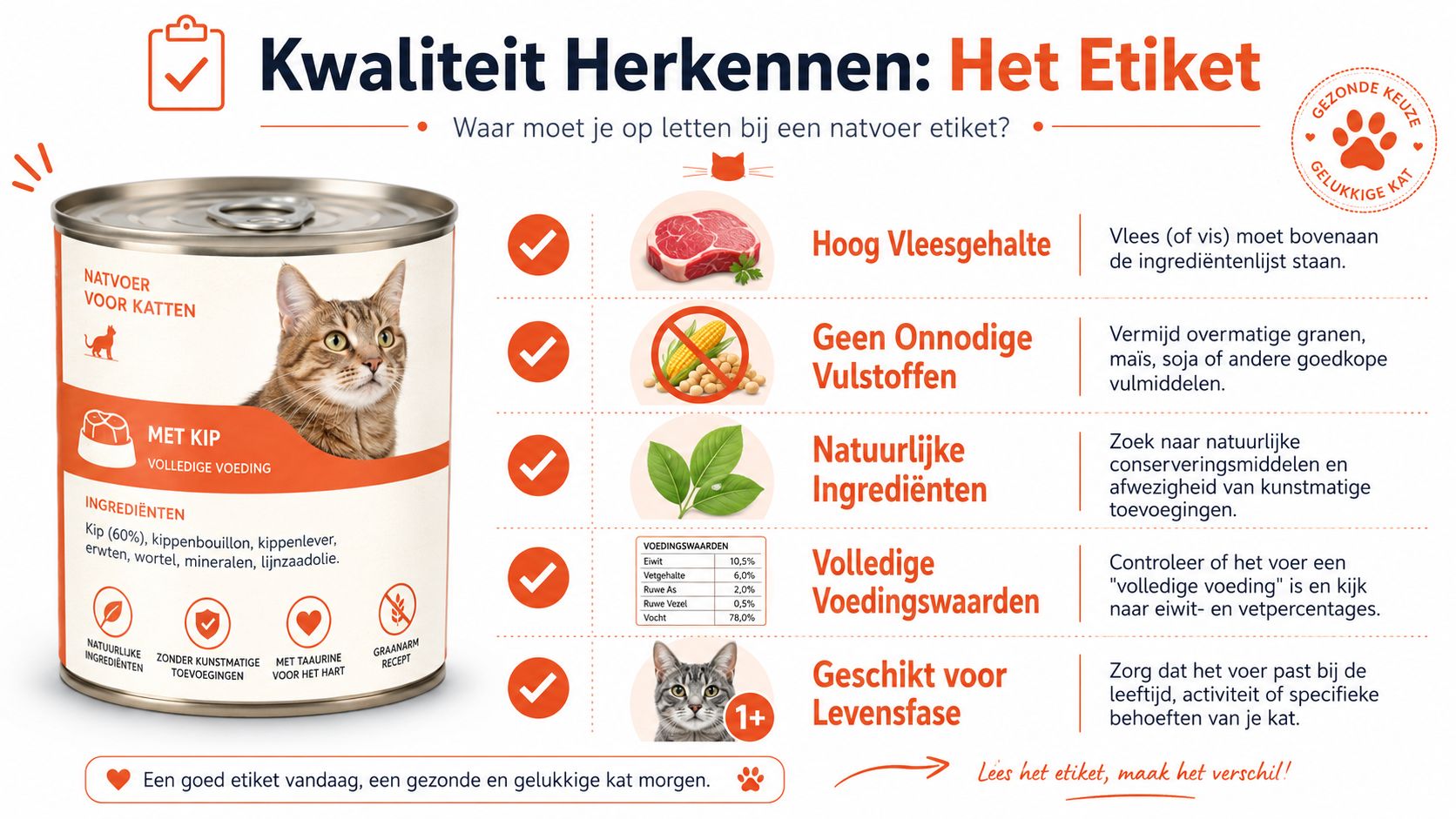 Een informatieve afbeelding die uitlegt hoe je de kwaliteit van natvoer voor katten op het etiket herkent.
