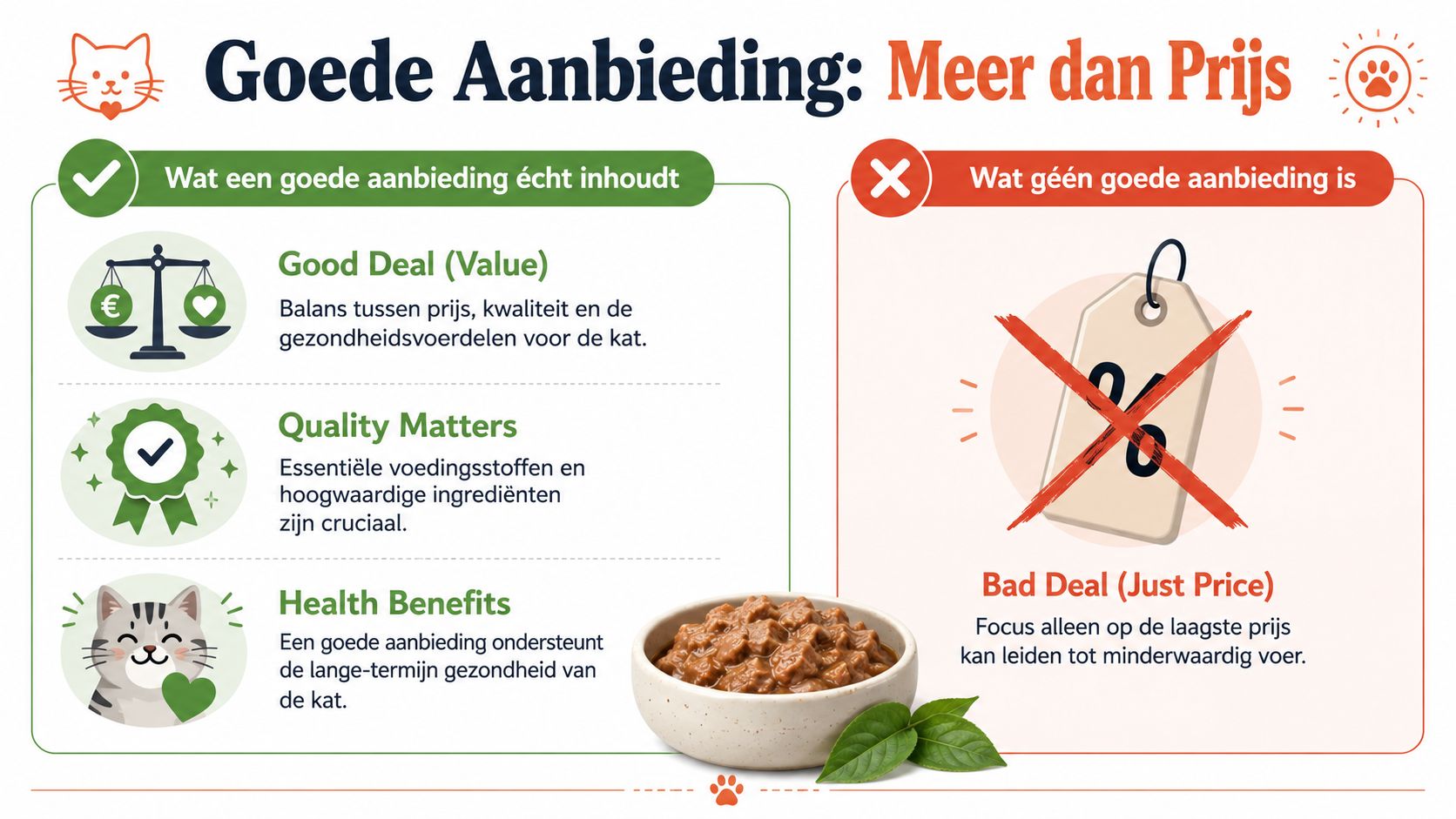 Een infographic die uitlegt waarom een goede aanbieding voor kattenvoer verder gaat dan alleen een lage prijs.