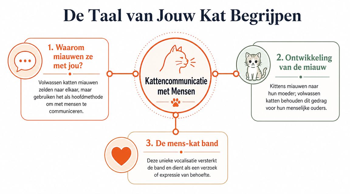 Een informatieve infographic in het Nederlands die uitlegt waarom katten naar mensen miauwen en hoe dit hun band versterkt.