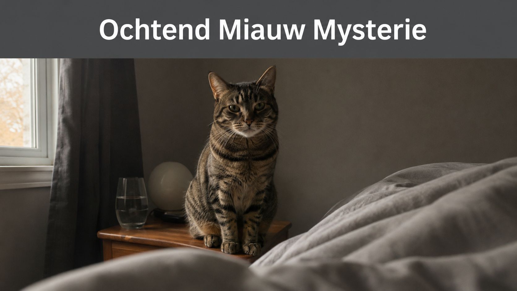 Een gestreepte kat zit 's ochtends op een nachtkastje in een slaapkamer naast een glas water.