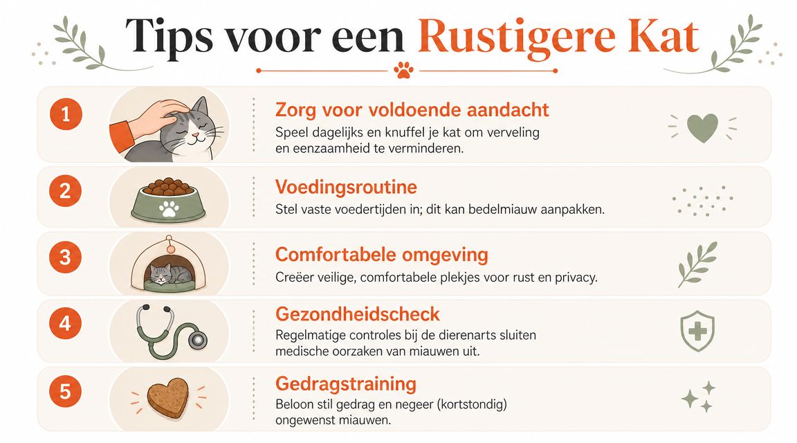 Een infographic met vijf nuttige tips om je kat rustiger te maken en overmatig miauwen te verminderen.