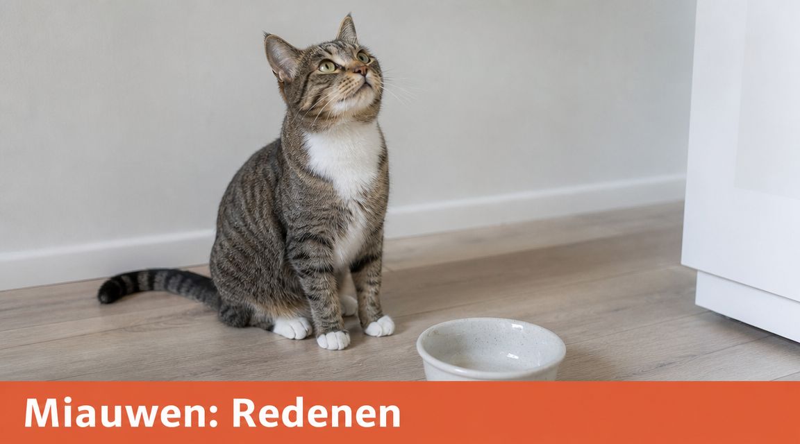 Een gestreepte kat met een witte borst kijkt omhoog terwijl hij naast zijn lege voerbak zit.