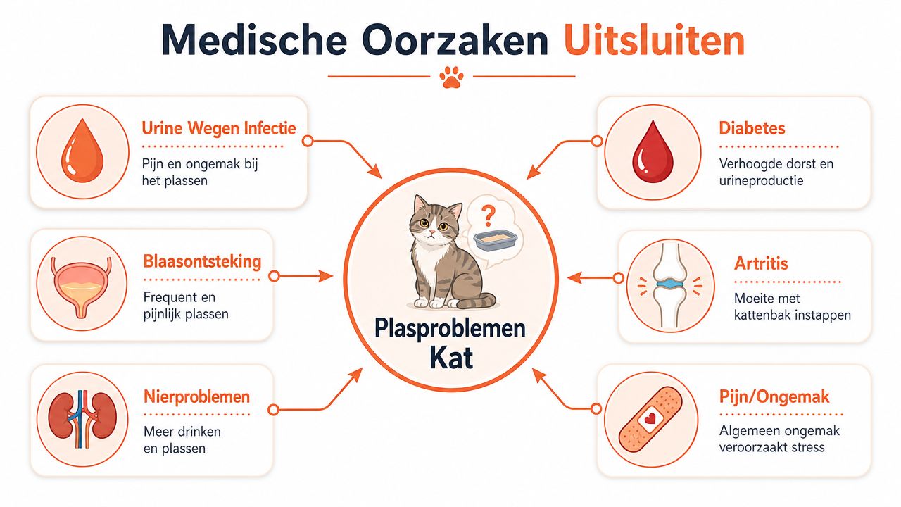 Een overzichtelijk schema met medische oorzaken voor plasklachten en onzindelijkheid bij katten, zoals infecties en blaasontsteking.