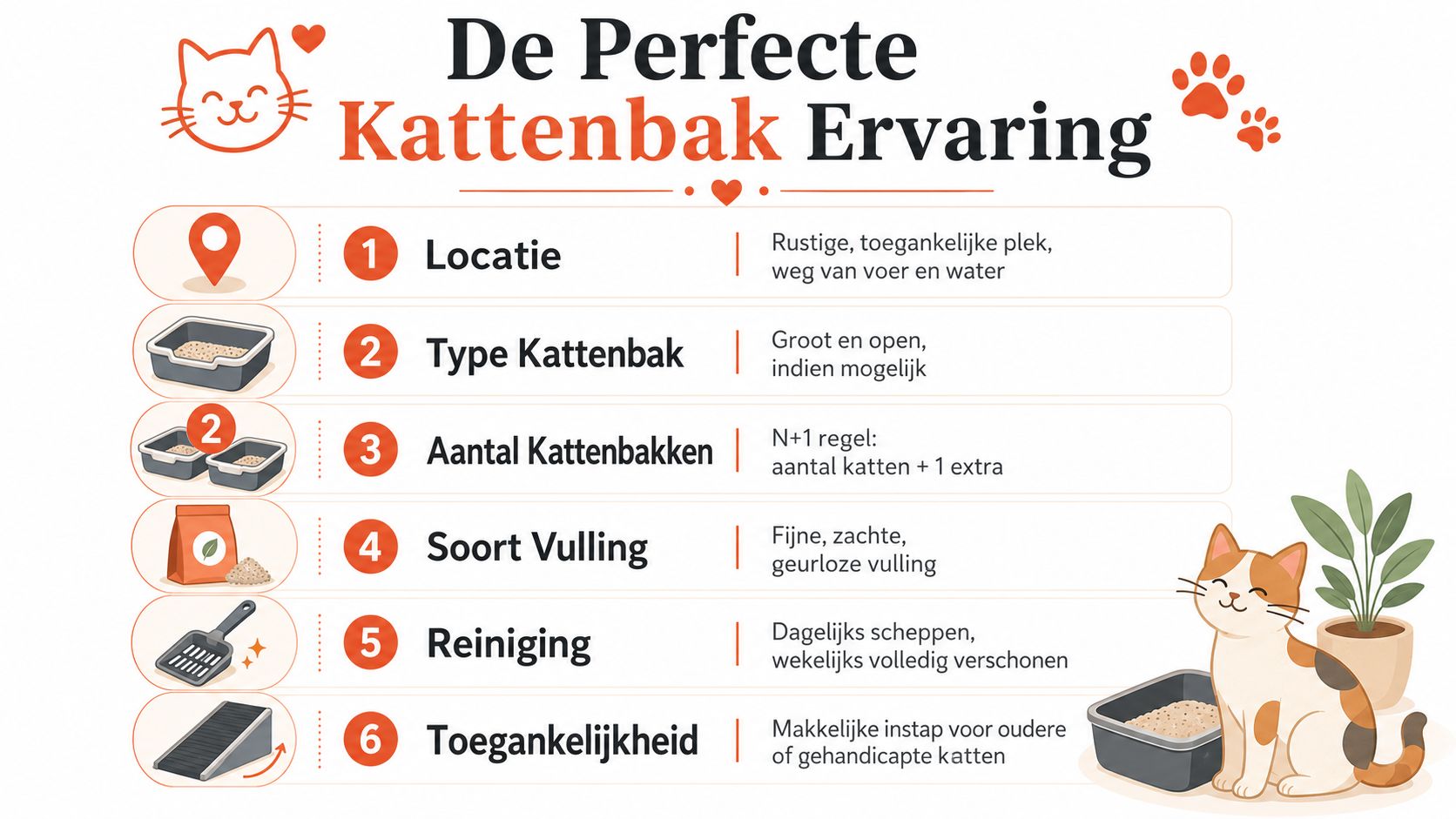 Een informatieve infographic over hoe je de ideale kattenbak ervaring voor je kat kunt creëren.