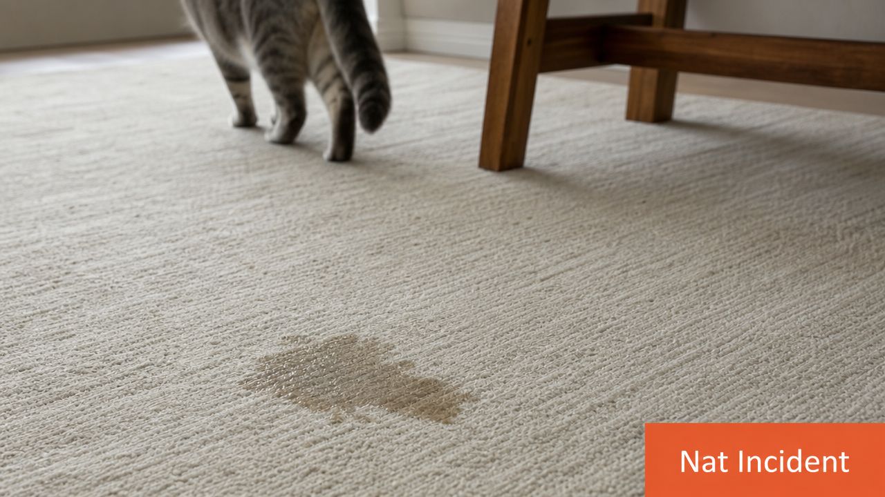 Een grijze gestreepte kat loopt weg van een natte urinevlek op een lichtgekleurd tapijt in huis.