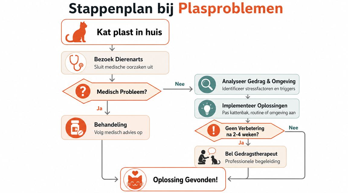Stappenplan voor eigenaren wiens kat in huis plast om medische en gedragsmatige oorzaken aan te pakken.