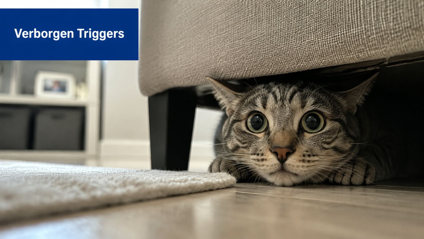 Een angstige gestreepte kat zit onder de bank, wat kan duiden op stressgerelateerd onzindelijk gedrag.