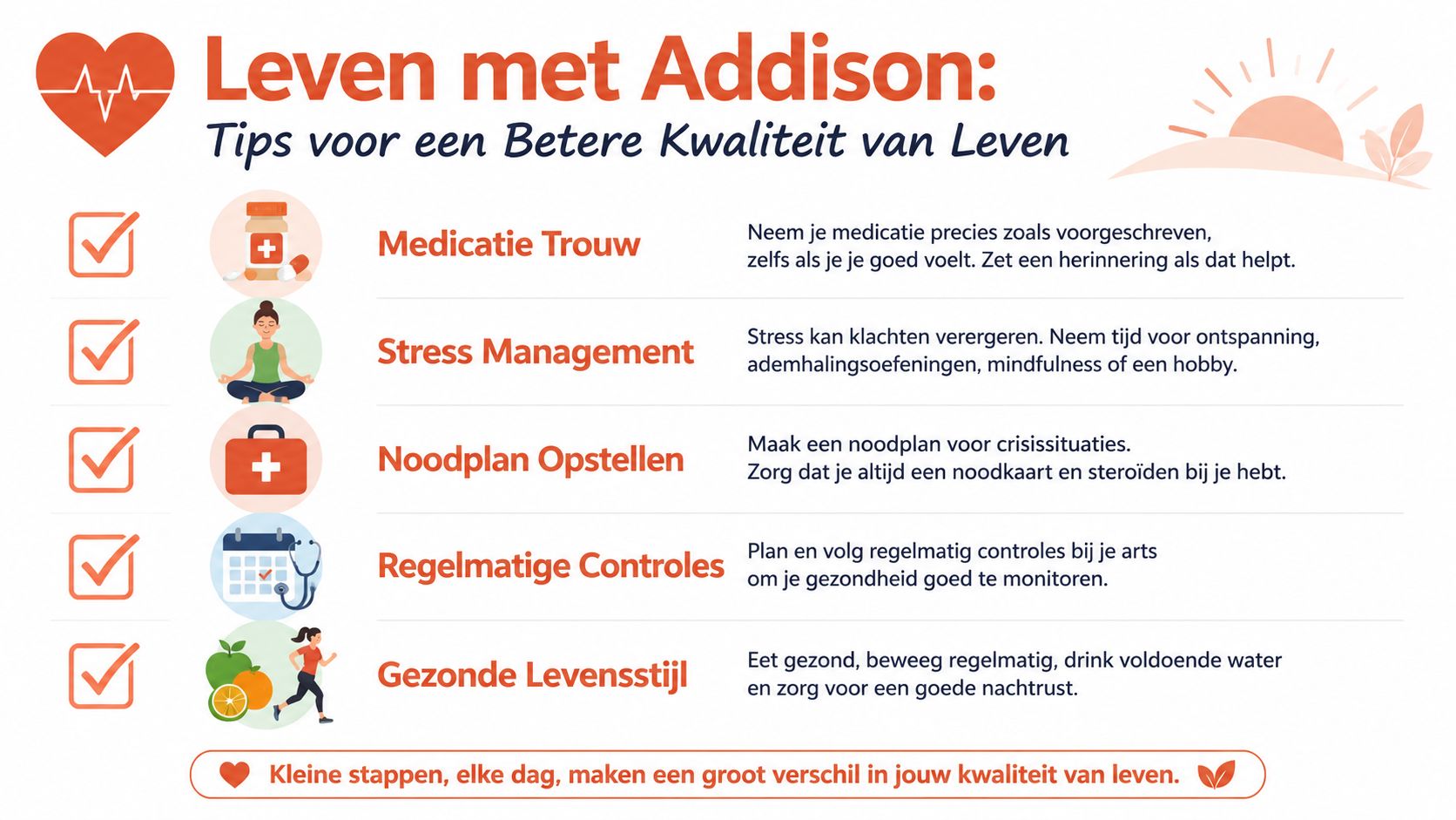 Een informatieve poster met tips voor een betere kwaliteit van leven voor mensen met de ziekte van Addison.