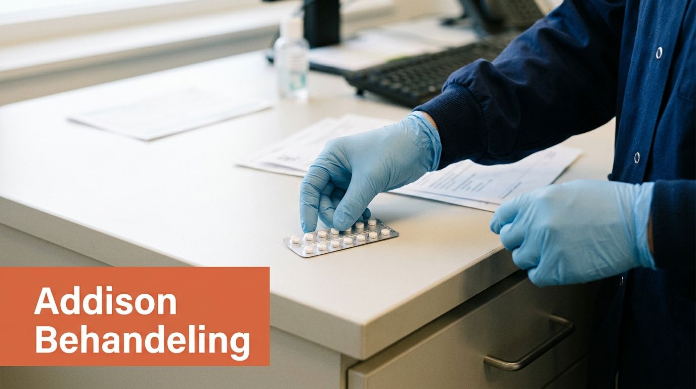 Een medisch professional met blauwe handschoenen die een strip met pillen vasthoudt voor de behandeling van Addison.