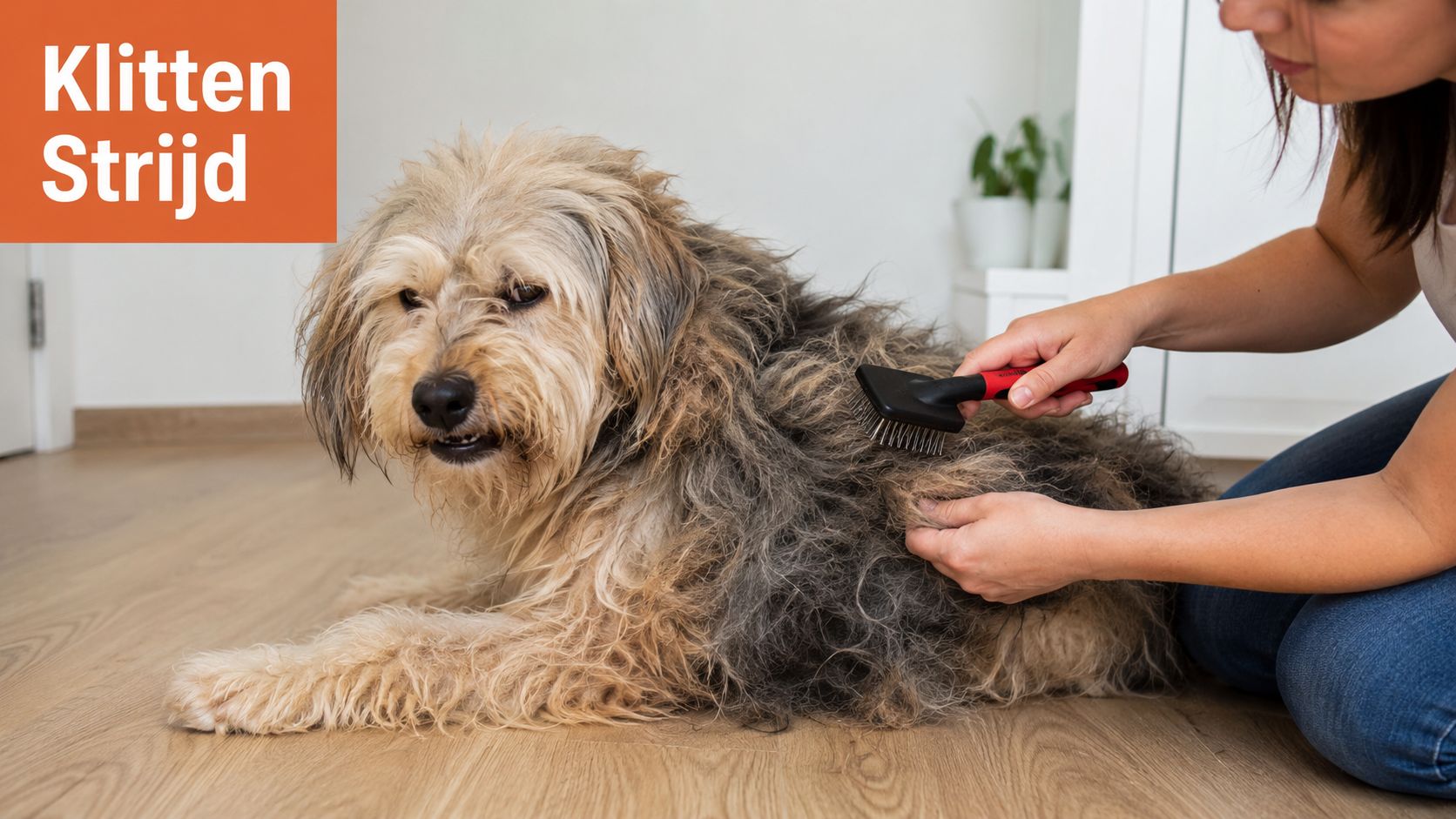 Een vrouw borstelt de warrige vacht van een hond met een speciale hondenborstel op een houten vloer.