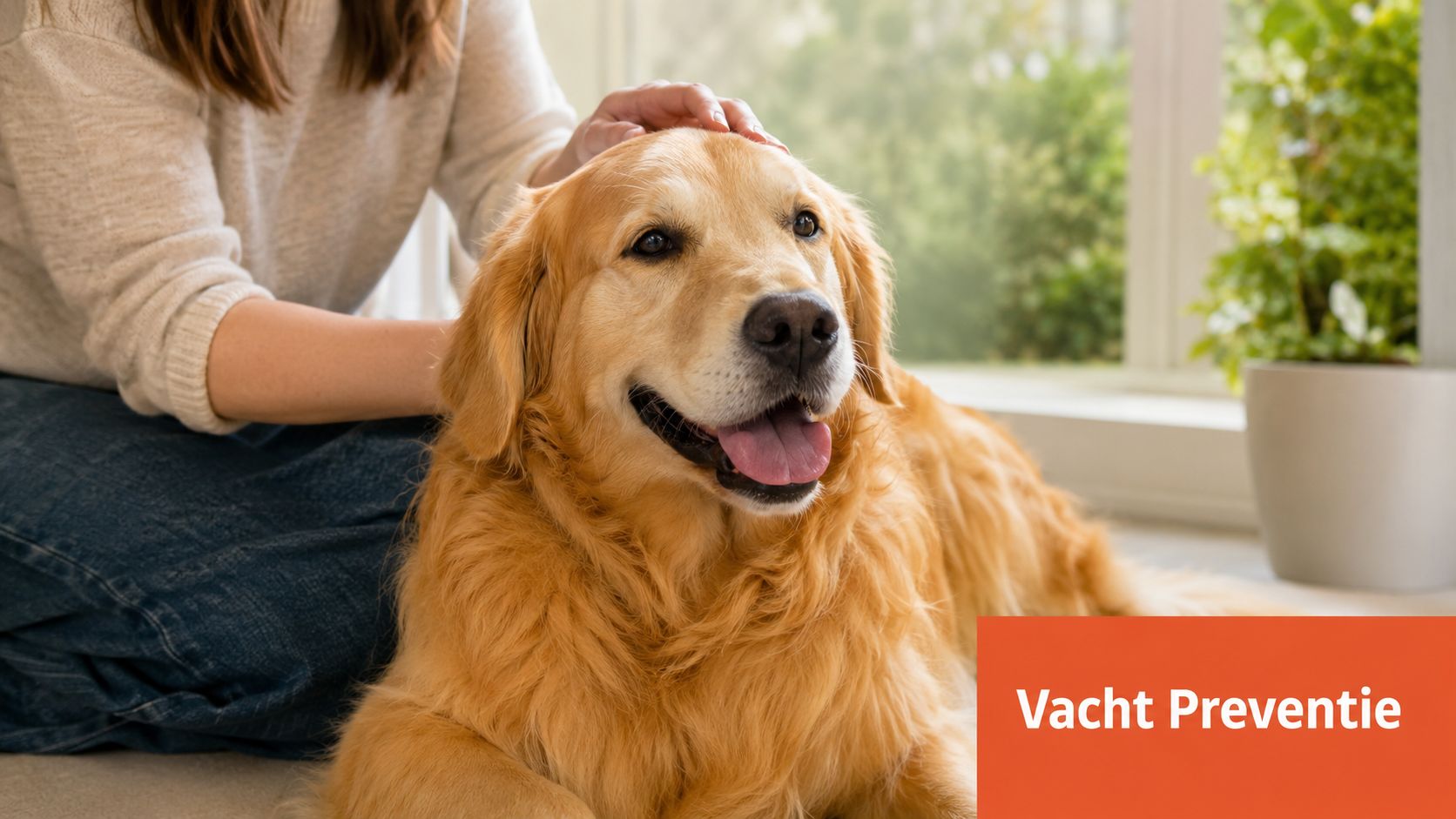 Een vrouw aait een gelukkige golden retriever hond in een lichte en gezellige woonkamer omgeving.