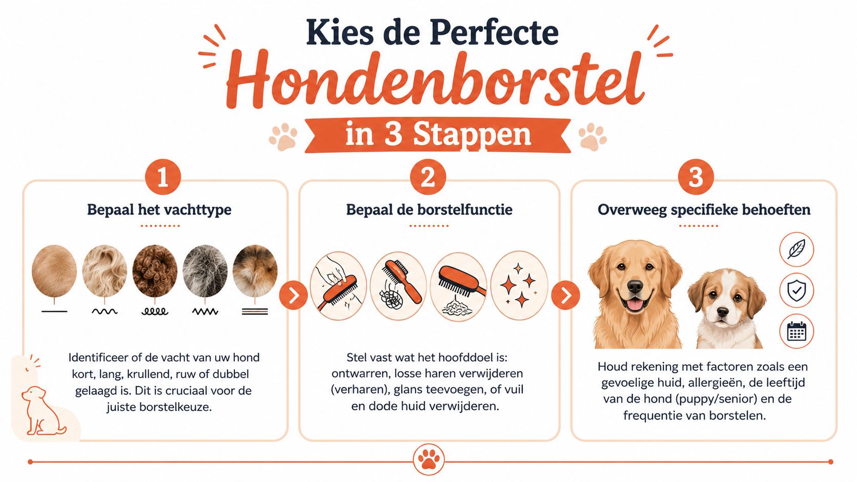 Een infografiek die in drie stappen uitlegt hoe je de beste hondenborstel voor jouw hond kiest.
