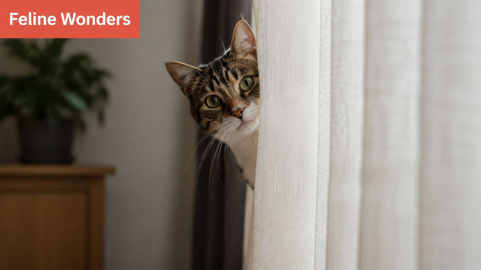 Een nieuwsgierige gestreepte kat kijkt schuchter van achter een lichte gordijnkamer in een sfeervol interieur.